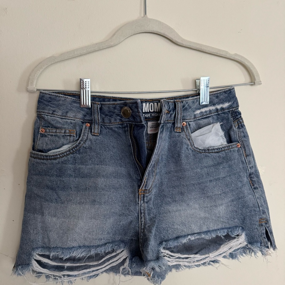 High Waist Distressed Denim Shorts - Blue